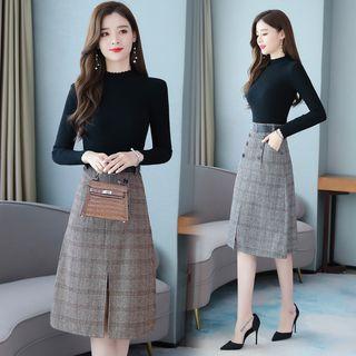 Plain Knit Top / Plaid Midi Skirt / Set