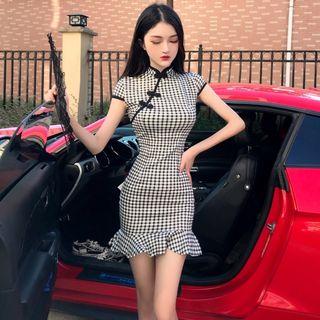 Traditional Chinese Cap-sleeve Gingham Frill Trim Mini Sheath Dress