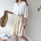 V-neck Elbow Sleeve Blouse / Wrap A-line Skirt