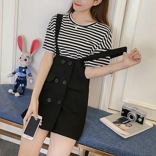 Set: Striped Short Sleeve T-shirt + Plain Suspender Skirt