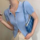 Short-sleeve Collared Zip-up Knit Crop Top