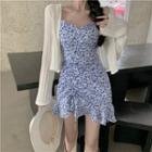 Floral Print Drawstring Spaghetti-strap Dress / Jacket