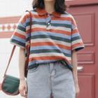 Short-sleeve Striped Polo Shirt Stripes - Orange & Blue & White - One Size