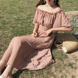 Off-shoulder Elbow-sleeve Chiffon Dress