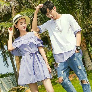 Couple Matching Striped Panel Short-sleeve T-shirt / Short-sleeve A-line Dress