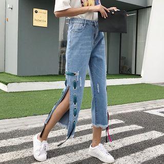 Ribbon Detail Slit Cropped Jeans