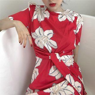 Flower Print High-waist Short-sleeve Dress