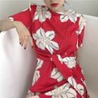 Flower Print High-waist Short-sleeve Dress