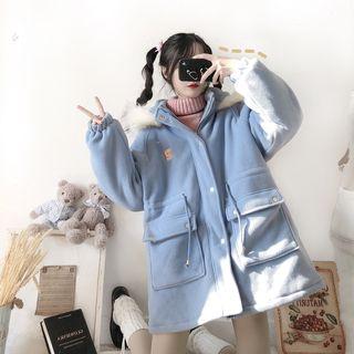 Embroidered Hooded Drawstring Coat Blue - One Size