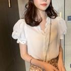 Crochet Trim Puff-sleeve Blouse / Floral Mini Skirt / Set