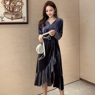 Long-sleeve Belted Midi A-line Velvet Dress