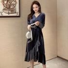 Long-sleeve Belted Midi A-line Velvet Dress