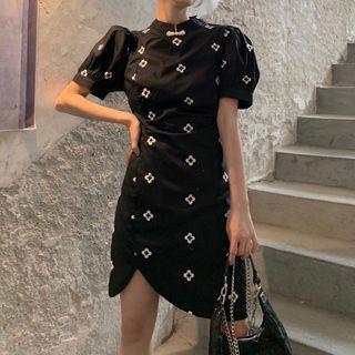 Puff-sleeve Flower Embroidered Mini Sheath Dress