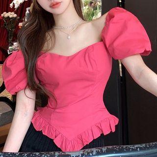 Puff-sleeve Frill Trim Corset Top