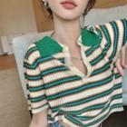 Short-sleeve Knit Polo Shirt Green & Light Yellow - One Size
