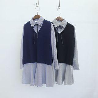 Set: Knit Vest + Striped Shirtdress