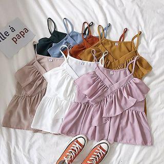 Plain V-neck Ruffled-trim Camisole Top
