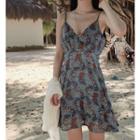 Knit Jacket / Flower Print Spaghetti Strap Mini A-line Dress