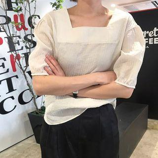 Elbow-sleeve Crinkled Two-way Top White - One Size