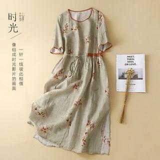 Short-sleeve Floral Linen A-line Dress