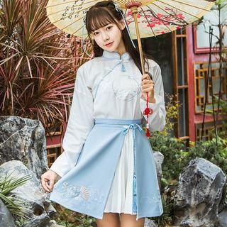 Set: Long-sleeve Asymmetric Embroidery Dress + Skirt