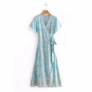 Short-sleeve V-neck Lace-up Floral Midi A-line Dress