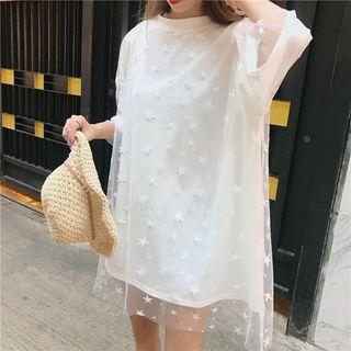 Mock Two-piece 3/4-sleeve Sheer Panel Top