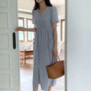 Short Sleeve V-neck Plain Shirtdress Blue - One Size