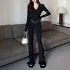 Long-sleeve V-neck T-shirt / Side-slit Bootcut Pants