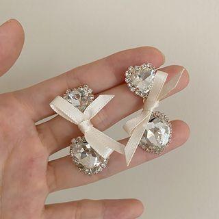 Heart Rhinestone Ribbon Earring 1 Pair - White - One Size