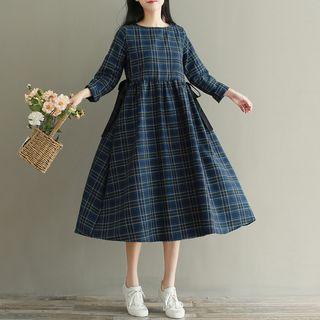 Short-sleeve Midi A-line Plaid Dress / Long-sleeve Midi A-line Plaid Dress