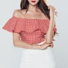 Set : Plaid Off Shoulder Ruffle Top + Zip Back Miniskirt