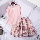 Set: Plain Short-sleeve Top + Floral A-line Skirt