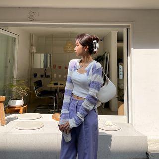 Crew-neck Stripe Cropped Cardigan