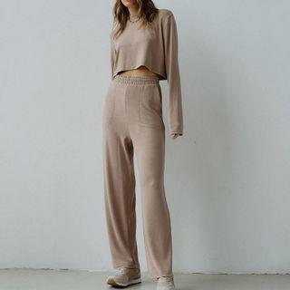 Set: Long Sleeve Plain Crop Top + High-waist Sweatpants