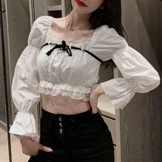 Long-sleeve Lace Trim Cropped Blouse