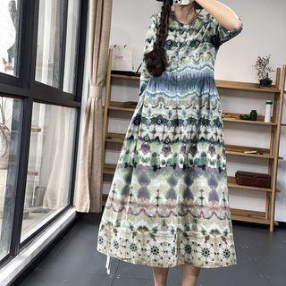 Short-sleeve Print A-line Midi Dress Green - One Size