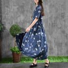 Flower Print Short-sleeve A-line Maxi Dress Navy Blue - One Size