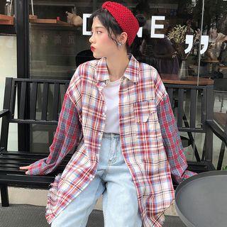 Long-sleeve Plaid Paneled Shirt Plaid - One Size