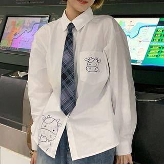 Set: Cow Print Shirt + Plaid Tie White - One Size