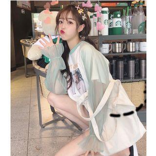 Lettering Mesh T Shirt Long-sleeve Top Light Green - Xxxs