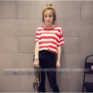 Set: Short-sleeve Striped T-shirt + Cropped Pants