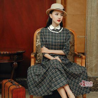Set: Elbow-sleeve Plaid Top + Sleeveless Contrast-collar Plaid Dress