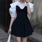 Short-sleeve Collar Blouse / Bow Strappy Mini Dress
