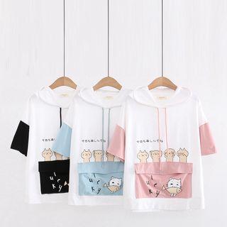Cat Print Contrast Color Hooded Short-sleeve T-shirt