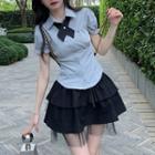 Short-sleeve Bow Tie Shirt / Tiered Skirt / Set