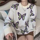 Butterfly Jacquard Sweater White - One Size