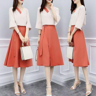 Set: Color Block Elbow-sleeve Blouse + Buckle Detail A-line Skirt