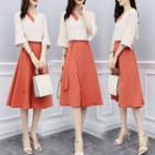 Set: Color Block Elbow-sleeve Blouse + Buckle Detail A-line Skirt