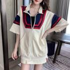 Set: Color Panel Elbow-sleeve Zip Jacket + Mini A-line Skirt As Shown In Figure - One Size